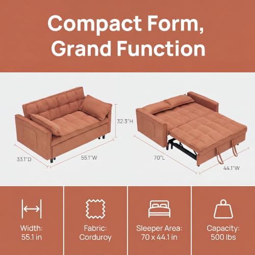 Sleeper Sofa Bed with Adjustable Backrest & Side Pockets, Orange | Adjustable Backrest & Side Pockets,Pull Out Sofa,Comfortable Fabric - color: S-orange-k9