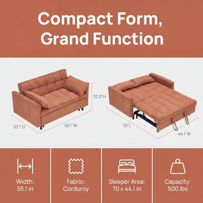 Sleeper Sofa Bed with Adjustable Backrest & Side Pockets, Orange | Adjustable Backrest & Side Pockets,Pull Out Sofa,Comfortable Fabric - color: S-orange-k9