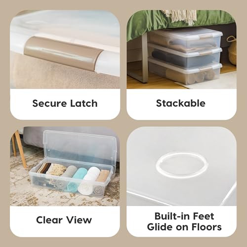 IRIS USA 40 Qt. Under Bed Storage Bin with Lids, Gray/Clear | Stores clothing, shoes, bedding, and seasonal items with secure protection under beds - style: 40 Qt. - Single