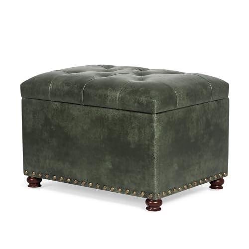 Storage Ottoman Rectangular Tufted Upholstered Ottomans with Rivet, Footrest Footstool Seat with Wood Legs for Living Room Bedroom (Black Green) - color: Black Green