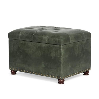Storage Ottoman Rectangular Tufted Upholstered Ottomans with Rivet, Footrest Footstool Seat with Wood Legs for Living Room Bedroom (Black Green) - color: Black Green