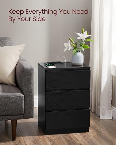 VASAGLE Nightstand with Charging Station, 3 Drawers | Bedside Table, 2 AC Outlets, 2 USB Ports, 15.8 x 13.8 x 23.2 Inches, Ebony Black, KAILYN Collection ULET631B58 - color: Ebony Black, size: 1 PACK, style: 3 Drawer