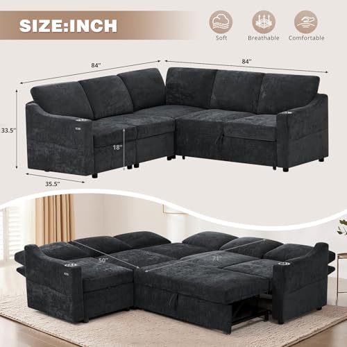 84" Chenille Modular Sleeper Sofa with Adjustable Backrests, Black | Convertible Corner Sofa with USB Ports, L-Shape Sectional Couch with Pull-Out Bed & Storage Space for House, Living Room - color: Black, style: L-Shape