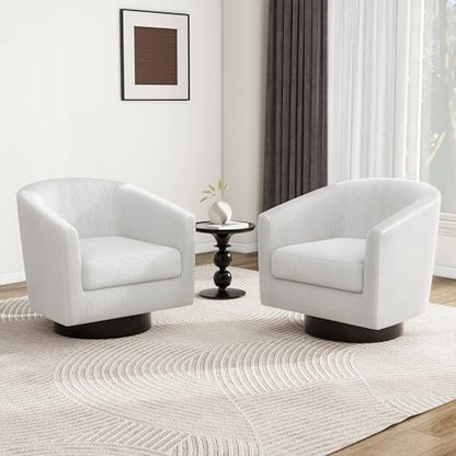 Swivel Barrel Accent Chair, Comfy Reading Armchair, Cream White, Set of 2 | Club Chairs for Adults, Low-Back Design, Modern Round Style, Solid Wood Frame & Metal Swivel Base, For Living Room & Bedroom - color: Cream White