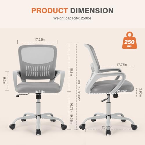 Sweetcrispy Computer Desk Chair, Mesh Office Chair, Lumbar Support, Grey | Ergonomic Mid-Back, Adjustable Height, 360° Swivel Wheels, Comfy Arms, Bedroom Study, Managerial Executive - color: Grey, size: 23 Inch
