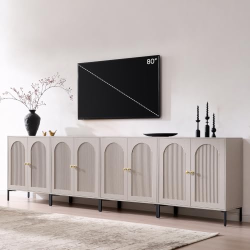 IFBUY 123.5" W Mid Century Modern TV Stands for Living Room, Light Grey | Wood Entertainment Center w/Adjustable Shelves, Media Console w/Arched Fluted Doors, Entryway Cabinet Fits 80, 85, 95 Inch TV - color: Light Grey, size: 15.75"D x 123.5‬"W x 34"H