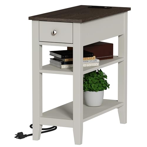 ChooChoo Farmhouse End Table with Charging Station | Narrow Side Table Living Room, USB Ports & Power Outlets, Hidden Drawer, White and Brown - color: Farmhouse White