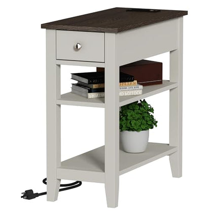 ChooChoo Farmhouse End Table with Charging Station | Narrow Side Table Living Room, USB Ports & Power Outlets, Hidden Drawer, White and Brown - color: Farmhouse White