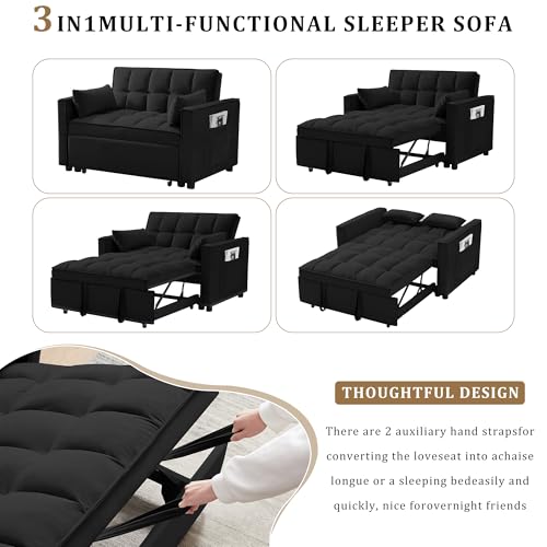 55" Pull Out Sleeper Sofa, Velvet Loveseat with Side Pockets, Black | Velvet upholstery, 5-level adjustable back, Pull-out bed design, Sturdy frame with side pockets - color: Black