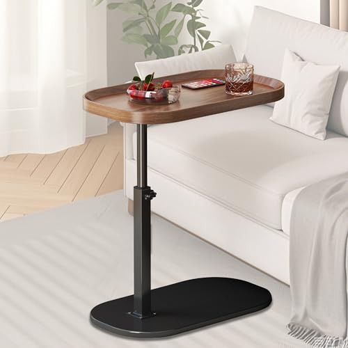 Adjustable Height C Shaped Side Table, Couch Tables That Slide Under, C Side Table Raised Edge, 360°Swivel C Shaped End Table, Small Coffee C Table, End Table for Sofa/Bed/Bathtub - color: Walnut