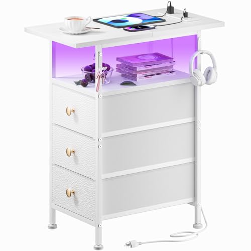 Narrow Dresser with Charging Station, Slim Dresser with 3 Fabric Drawers and Shelf, Skinny Nightstand with LED Light, Bedside Table Dresser for Bedroom, Living Room, Small Spaces, White