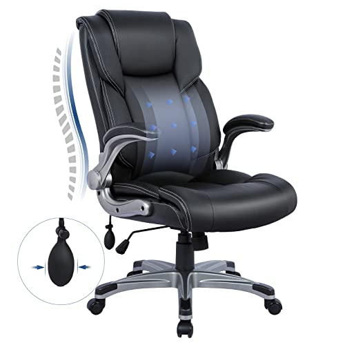 COLAMY High Back Executive Office Chair - Padded Leather Ergonomic Computer Desk Chair with Inflatable Lumbar Support & Flip-Up Arms, Adjustable Tilt Lock Swivel Task Chair for Home Office, Black - color: Black, size: Set of 1