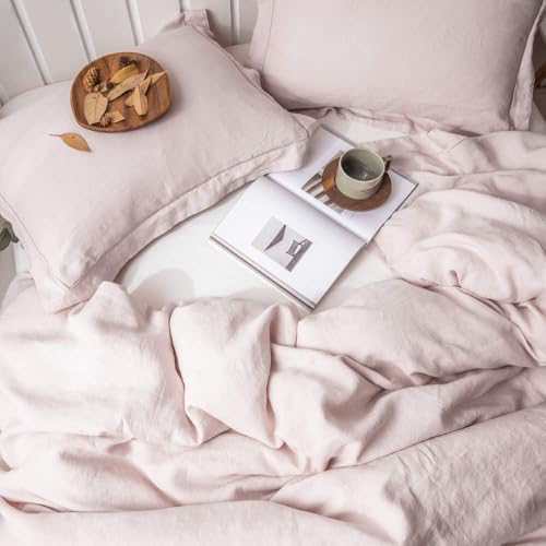 Simple&Opulence 100% Washed Linen Duvet Cover Set with Embroidered,3 Pieces Soft Farmhouse Comforter Set with Button Closure,1 Duvet Cover and 2 Pillowshams(Full,Dusty Pink) - color: Embroidery Dusty Pink, size: Full