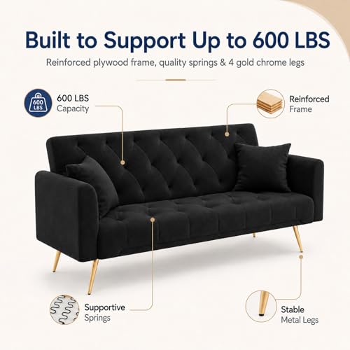 Majnesvon 71" Convertible Folding Sleeper Sofa Couch,Modern Velvet Loveseat Sleeper with 2 Pillows, Futon Sofa Bed with Mattress and Frame for Living Room,Bedroom,Small Space (Black) - color: Black