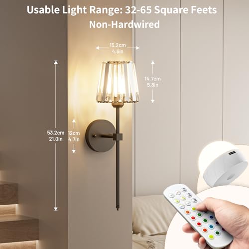 Crystal Battery Operated Wall Sconces Set of 2, Black Rechargeable Wireless Wall Sconce Lights with Crystal Lampshade, 12 RGB and 3CCT Dimmable Wall Lamps with Remote for Bedroom Living Room Hallway - color: Black