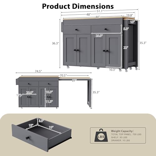 Kitchen Island, Extendable Dining Table with Storage | Extendable dining table, expands from prep station to dining table, seats up to 2 extra guests, saves space when closed - color: Grey