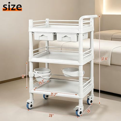 3-Tier Medical Mobile Trolley Cart, Rolling Esthetician Utility Cart | 330 Lbs Heavy Duty, with Drawers, Dirt Buckets & Bowl, 360° Rotate Lockable Wheels for Hospital, Dental Clinic, Beauty Salon - size: wide 28 in