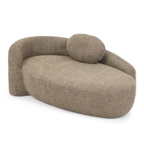 Modern Oval Chaise Lounge Chair, Boucle Upholstered Single Lazy Sofa with Integrated Backrest, Side Armrest, Matching Pillow, Space Saving Accent Lounger for Living Room Reading Nook (Brown) - color: Brown