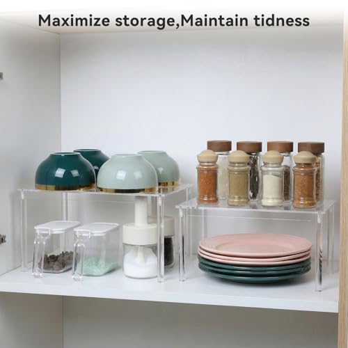 OTraki Acrylic Cabinet Organizer Set of 2 Stackable Clear Cabinet Shelf | Kitchen Pantry Organizers and Storage Display Pantry Cabinet Shelf Shelf Organizer for Dishes, Spices, Soda Cans and Bottles