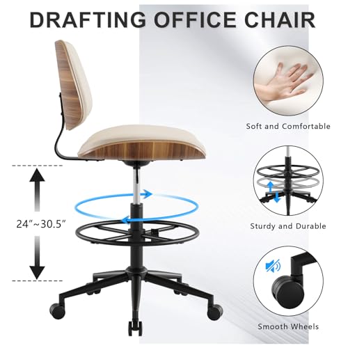 Drafting Chair with Adjustable Footrest, Rolling Walnut Stool, Beige | Armless Tall Swivel Stool for Standing Desk, PU Leather Curved Bentwood, Rolling for Office & Art Studio, 300LBS Capacity - color: Beige