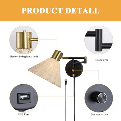 Plug in Rattan Wall Sconce Swing Arm Wall Lamp with USB Port and Dimmer Switch Hand-Woven Boho Rattan Wall Mounted Lamp Suitable for Hallway Bedroom Living Room.Balck - color: Black+Rattan Shade