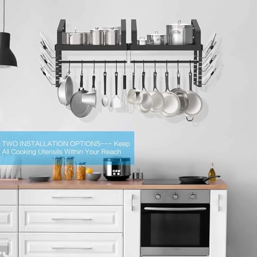 X-cosrack Pot Racks Wall Mounted Set of 2,with Towel Bar and Pots Pans Lids Organizer, Kitchen Cookware Hanging Shelves with 12 Hooks, Black