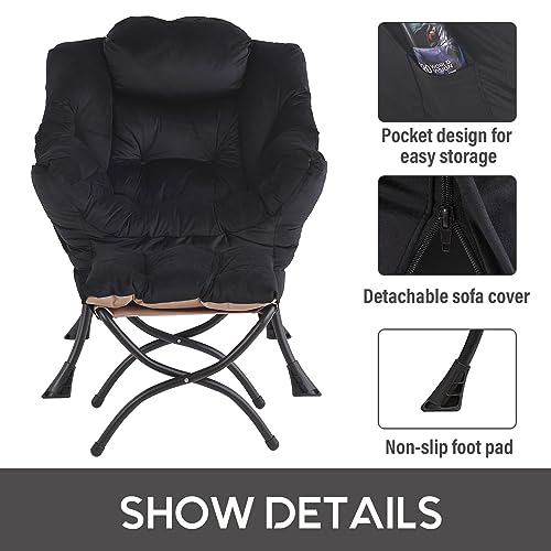 Lazy Chair with Ottoman, Comfy Accent Reading Chair, Velvet Black | Foldable Footrest,Removable Cover,with Armrests and Side Pockets,Upholstered Lounge Chair for Bedroom,Dorm,Office,Small Space - color: Velvet Black