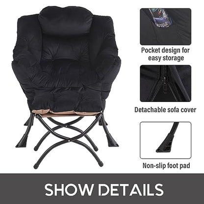 Lazy Chair with Ottoman, Comfy Accent Reading Chair, Velvet Black | Foldable Footrest,Removable Cover,with Armrests and Side Pockets,Upholstered Lounge Chair for Bedroom,Dorm,Office,Small Space - color: Velvet Black