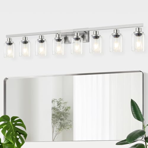 52inch Brushed Nickel Vanity Light Fixtures, 8 Light Brushed Nickel Bathroom Vanity Lights Over Mirror, Matte Nickel Modern Bathroom Wall Lighting for Mirror Bedroom,Living Room - color: Nickel, size: 8-light