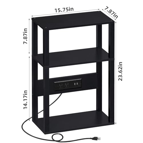YUFAM 3-Tier Small Narrow Wood Side Table with Charging Station, Skinny Nightstand for Small Space, Slim Bedside Table with Storage for Couch, Thin End Table with USB Ports and Outlets, Black | Thin Side Table for Small Spaces, Slim End Table with USB and