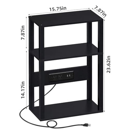 YUFAM 3-Tier Small Narrow Wood Side Table with Charging Station, Skinny Nightstand for Small Space, Slim Bedside Table with Storage for Couch, Thin End Table with USB Ports and Outlets, Black | Thin Side Table for Small Spaces, Slim End Table with USB and
