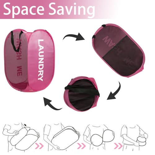Pop Up Laundry Hamper Collapsible Laundry Basket Mesh Foldable Pink Dirty Clothes Hamper with Handles for Home, Bathroom, Bedroom, Travel, Cruise - color: Pink