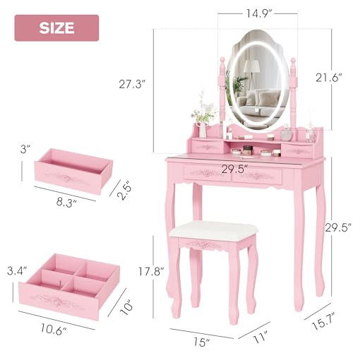 Vanity Desk with Mirror and Lights, Makeup Table with Cushioned Stool Set | Modern Vanity with 4 Drawers, 3 Color Lighting Modes with Adjustable Brightness, Dressing Table Set for Bedroom, Pink - style: Pink Vanity