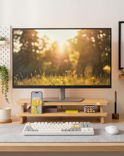 23” Bamboo Monitor Stand with Phone & Tablet Holder Desk Shelf | Monitor Riser for 40-55 Inch Desk Cozy Computer Setup Workplace Organizer Keyboard Storage Compact Ergonomic - color: Bamboo, size: 23 inch