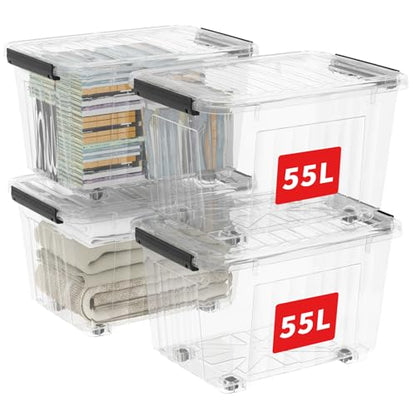 Cetomo 60Qt*4 Plastic Storage Bins, Storage Box, 4 Pack, Organizing Container with Wheels, Durable Lids and Secure Latching Buckles, Stackable and Nestable, Clear with Black Buckle - size: 55L*4