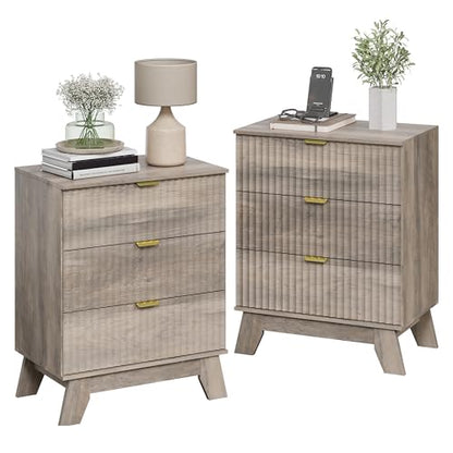 Night Stand Set 2, Bedside Table & End Table, Mid Century Modern Fluted Wood Nightstand with 3 Drawers & Metal Handles, Farmhouse Nightstand for Bedroom, Grey - color: Grey, style: 3 Drawers-2 PCS