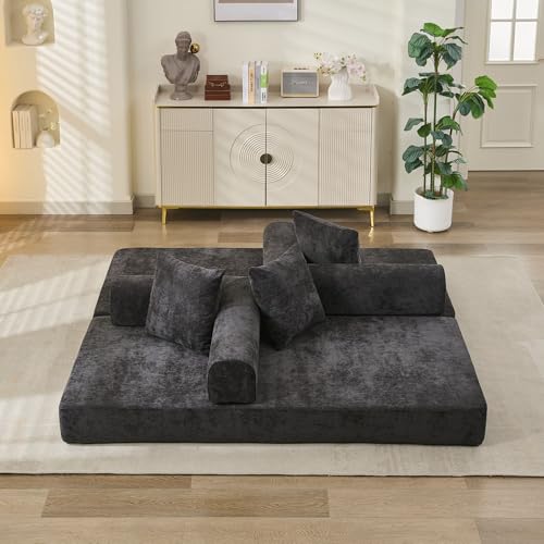 Convertible Folding Sofa Bed Modular Floor Couch, 78.8‘’ Cloud Sleeper Sofa with Removable Backrest, Chenille Foldable Mattress Couch, Lazy Loveseat for Small Space, Apartment, Bedroom, Black - color: #3-black