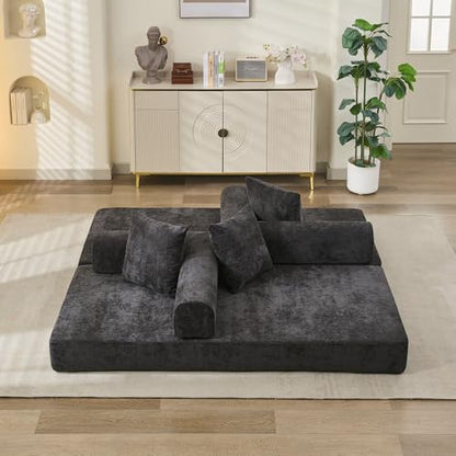 Convertible Folding Sofa Bed Modular Floor Couch, 78.8‘’ Cloud Sleeper Sofa with Removable Backrest, Chenille Foldable Mattress Couch, Lazy Loveseat for Small Space, Apartment, Bedroom, Black - color: #3-black
