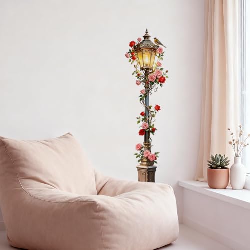 Streetlights and Roses Wall Decals, Wall Stickers Decor | 2 Sheets 11.8"x37.8" Vinyl Removable Peel and Stick Murals, Plant Decor for Bedroom, Bathroom, Office, Classroom & Home - style: Streetlights and Roses