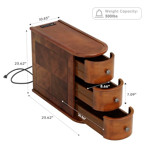 Solid Wood End Table with Charging Station, No Assembly Required Narrow Sofa Side Table for Living Room, Vintage Slim Nightstand Bedside Table (3 Drawers, Brown, 1Pc) - color: Brown, size: 1Pc, style: 3 Drawers