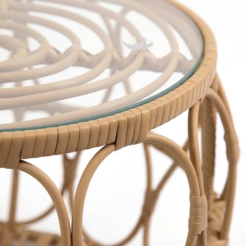 Furniture of America Ysar Boho Rattan Round Coffee Table Outdoor with 5mm Tempered Glass Top, All-Weather and Rust Resistant Patio Furniture - color: Natural/18.9 In.