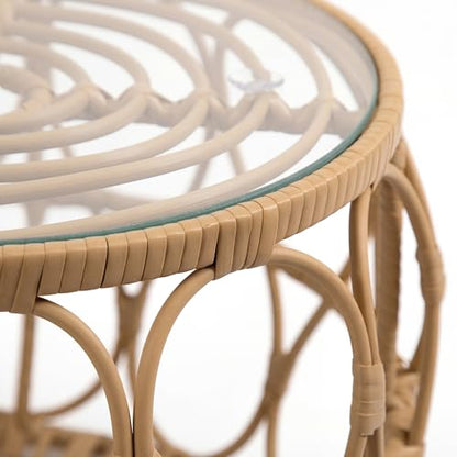 Furniture of America Ysar Boho Rattan Round Coffee Table Outdoor with 5mm Tempered Glass Top, All-Weather and Rust Resistant Patio Furniture - color: Natural/18.9 In.