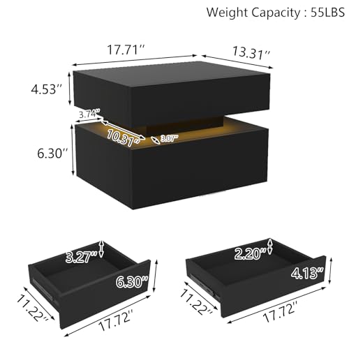Floating Nightstand Set of 2,Modern Bedside Tables with LED Light for Bedroom,Small Night Stands with Drawers, Wall Mounted End SideTables Set for Living Room - color: Black
