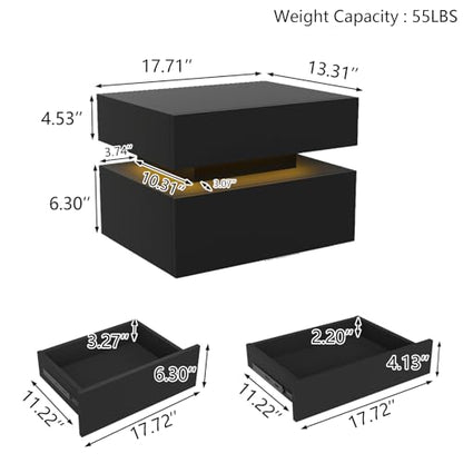 Floating Nightstand Set of 2,Modern Bedside Tables with LED Light for Bedroom,Small Night Stands with Drawers, Wall Mounted End SideTables Set for Living Room - color: Black