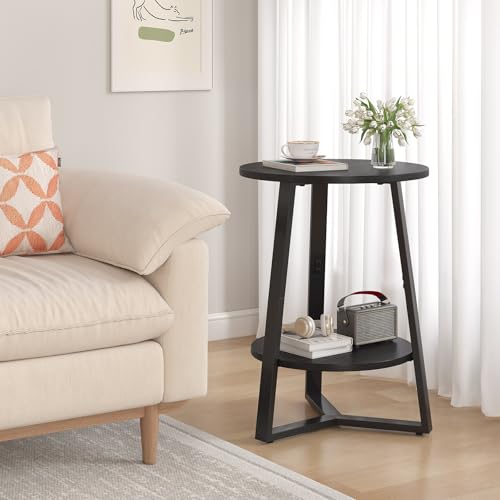 sthmec Small Round End Table, 2 Tier Side Table with Storage Shlef,Coffee Table Wooden Tabletop & Metal Frame,Round Accent Table Small Nightstands Couch Tables for Bedroom,Livingroom, Black - color: Black