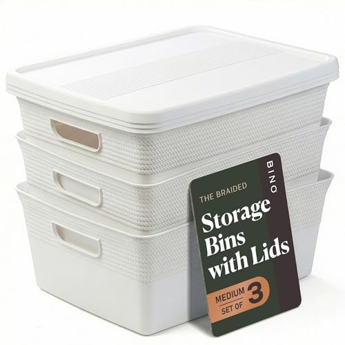 BINO | Plastic Storage Bins with Lids, 13 Liter - 3 Pack, White | THE BRAIDED COLLECTION | Plastic Bins for Organization Woven Storage Baskets for Organizing Pantry Shelf Organizer Basket Bin - color: White, size: 13L | 3-Pack