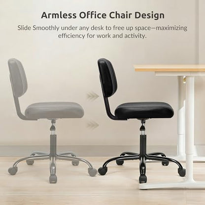 Swivel Rolling Office Chair, Armless Pu Leather Vanity Chair with Back Lumbar Support Height Adjustable Computer Chair, Small Desk Chair for Home Office, Black - color: Black