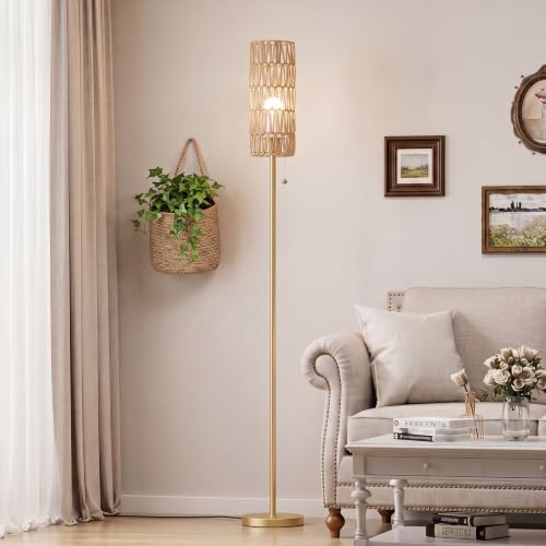64" Floor Lamp with Bulb & Rattan Shade & Chain Switch, Beige | 3 Color Temperature,9W LED bulb,Boho Floor Lamp,Tall Pole Lamps,Living Room,Bedrooms,for Study,Office - color: z-beige rattan, size: 64.56 inches 1PCS