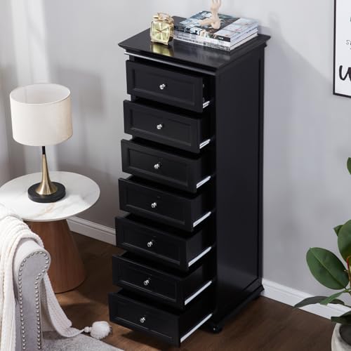 Tall Black Dresser for Bedroom with 7 Drawers, 52" Tall Skinny Dresser | Modern Black Tall Chest of Drawers Dresser，Wooden Lingerie Dresser Tall Narrow，Crown Molding and Solid Wood Ball Legs - color: Black