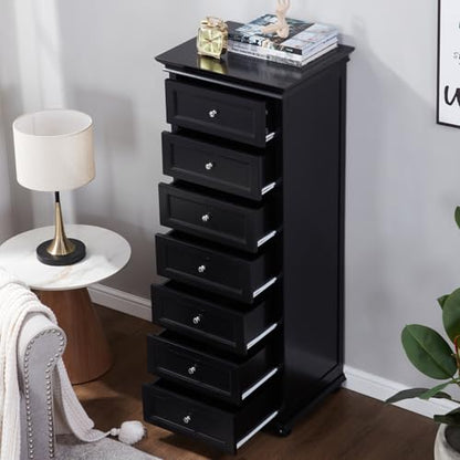 Tall Black Dresser for Bedroom with 7 Drawers, 52" Tall Skinny Dresser | Modern Black Tall Chest of Drawers Dresser，Wooden Lingerie Dresser Tall Narrow，Crown Molding and Solid Wood Ball Legs - color: Black